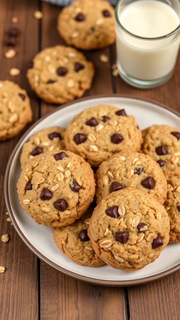 Healthy Air Fryer Oatmeal Cookies Recipe A plate of golden brown oatmeal cookies with oats and chocolate chips, served with a glass of milk.